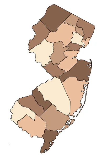 Коричневая Новая Административная Карта Карта Округов Нью Джерси Различными Цветами — стоковое фото