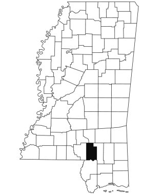 Mississippi eyaletindeki Lamar ilçesinin haritası beyaz arka planda. Mississippi haritasında siyah renkle işaretlenmiş tek bir bölge haritası. Amerika Birleşik Devletleri, ABD 