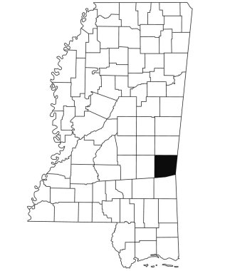 Mississippi eyaletindeki Clarke County haritası beyaz arka planda. Mississippi haritasında siyah renkle işaretlenmiş tek bir bölge haritası. Amerika Birleşik Devletleri, ABD 