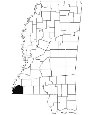 Mississippi 'deki Wilkinson County haritası beyaz arka planda. Mississippi haritasında siyah renkle işaretlenmiş tek bir bölge haritası. Amerika Birleşik Devletleri, ABD 