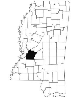 Mississippi eyaletindeki Hinds County haritası beyaz arka planda. Mississippi haritasında siyah renkle işaretlenmiş tek bir bölge haritası. Amerika Birleşik Devletleri, ABD 