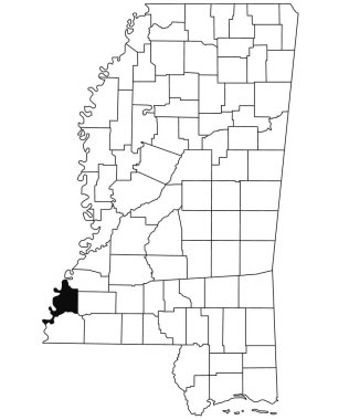 Mississippi eyaletindeki Adams County haritası beyaz arka planda. Mississippi haritasında siyah renkle işaretlenmiş tek bir bölge haritası. Amerika Birleşik Devletleri, ABD 