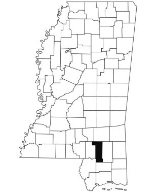 Mississippi 'deki Forrest County haritası beyaz arka planda. Mississippi haritasında siyah renkle işaretlenmiş tek bir bölge haritası. Amerika Birleşik Devletleri, ABD 