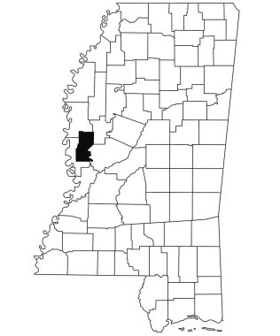 Beyaz arka planda, Mississippi 'deki Sharkey County haritası. Mississippi haritasında siyah renkle işaretlenmiş tek bir bölge haritası. Amerika Birleşik Devletleri, ABD 