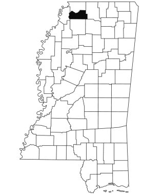 Mississippi eyaletindeki Tate County haritası beyaz arka planda. Mississippi haritasında siyah renkle işaretlenmiş tek bir bölge haritası. Amerika Birleşik Devletleri, ABD 
