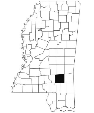 Beyaz arka planda, Mississippi eyaletindeki Jones County haritası. Mississippi haritasında siyah renkle işaretlenmiş tek bir bölge haritası. Amerika Birleşik Devletleri, ABD 