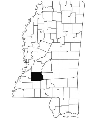 Mississippi eyaletindeki Copiah County haritası beyaz arka planda. Mississippi haritasında siyah renkle işaretlenmiş tek bir bölge haritası. Amerika Birleşik Devletleri, ABD 