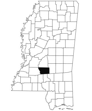 Beyaz arka planda, Mississippi 'deki Simpson County haritası. Mississippi haritasında siyah renkle işaretlenmiş tek bir bölge haritası. Amerika Birleşik Devletleri, ABD 