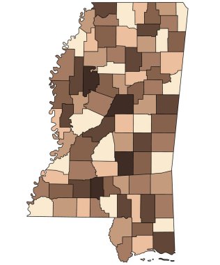 Mississippi eyaletinin kahverengi haritası. İlçe sınırları ve renkleri farklı. Amerika Birleşik Devletleri, ABD, Birleşik Devletler.