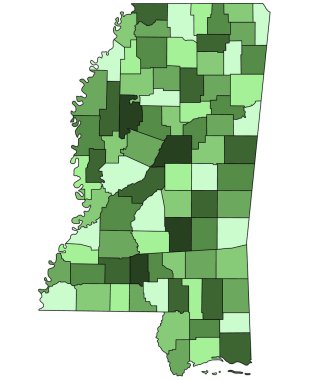 Mississippi eyaletinin üç boyutlu haritası. İlçe sınırları ve renkleri farklı. Amerika Birleşik Devletleri, ABD, Birleşik Devletler.