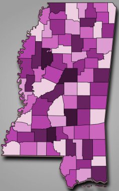 Mississippi Eyaleti Mor Haritası. İlçe sınırları ve renkleri farklı. Amerika Birleşik Devletleri, ABD, Birleşik Devletler.