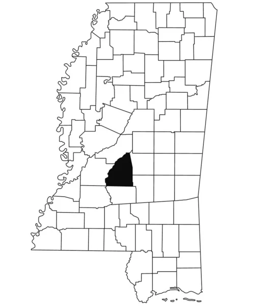 密西西比州Rankin县白种人背景地图 密西西比州地图上用黑色标出的单个县地图 美利坚合众国 — 图库照片