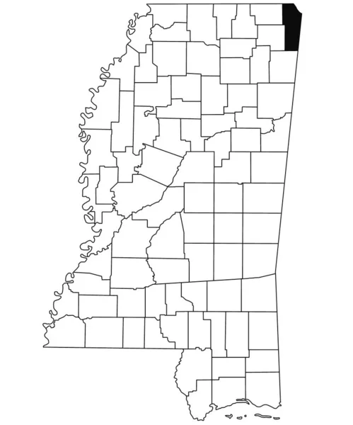 白い背景にあるミシシッピ州のティッシュミンゴ郡の地図 ミシシッピ州の地図に黒い色でハイライトされた単一の郡の地図 アメリカ合衆国 アメリカ — ストック写真