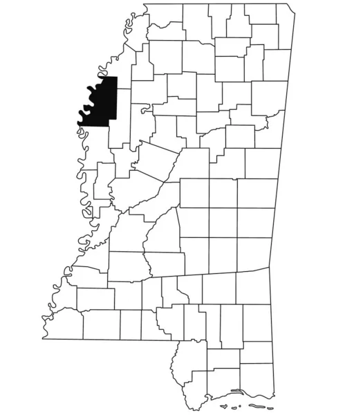 密西西比州玻利瓦尔县白种人背景地图 密西西比州地图上用黑色标出的单个县地图 美利坚合众国 — 图库照片