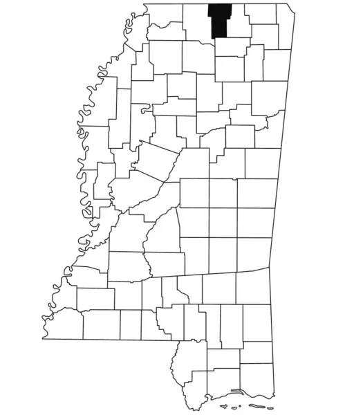 密西西比州本顿县白底地图 密西西比州地图上用黑色标出的单个县地图 美利坚合众国 — 图库照片