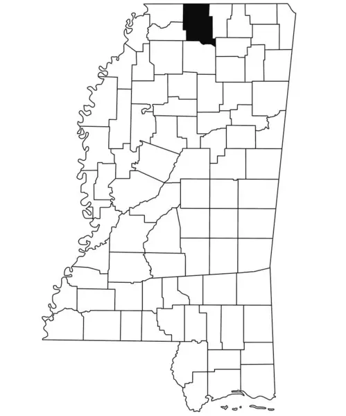 ミシシッピ州のマーシャル郡の白地図 ミシシッピ州の地図に黒い色でハイライトされた単一の郡の地図 アメリカ合衆国 アメリカ — ストック写真