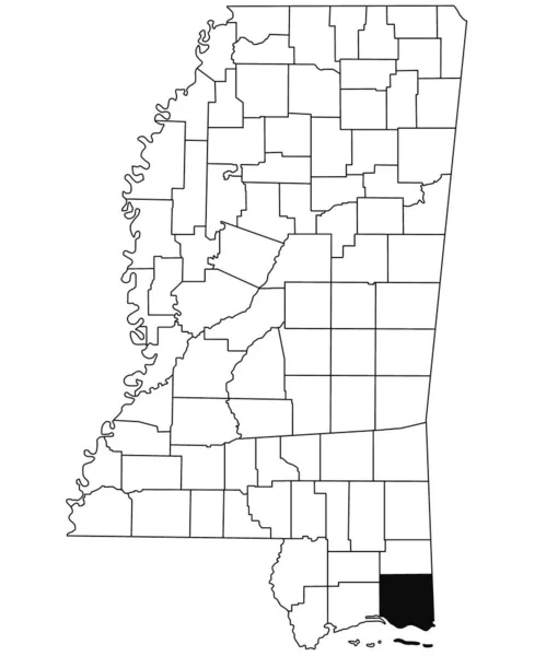 白い背景にあるミシシッピ州のジャクソン郡の地図 ミシシッピ州の地図に黒い色でハイライトされた単一の郡の地図 アメリカ合衆国 アメリカ — ストック写真