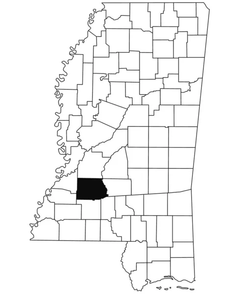 白い背景にあるミシシッピ州のコピア郡の地図 ミシシッピ州の地図に黒い色でハイライトされた単一の郡の地図 アメリカ合衆国 アメリカ — ストック写真