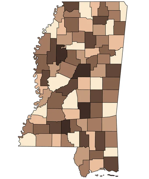 Brown Mapa Estado Mississippi Com Fronteiras Dos Condados Cor Diferente — Fotografia de Stock