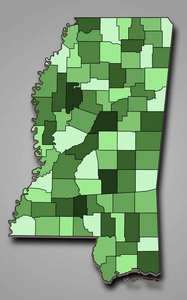 Green Map of Mississippi state with borders of the counties and different colour.  United State of America, US, United State.