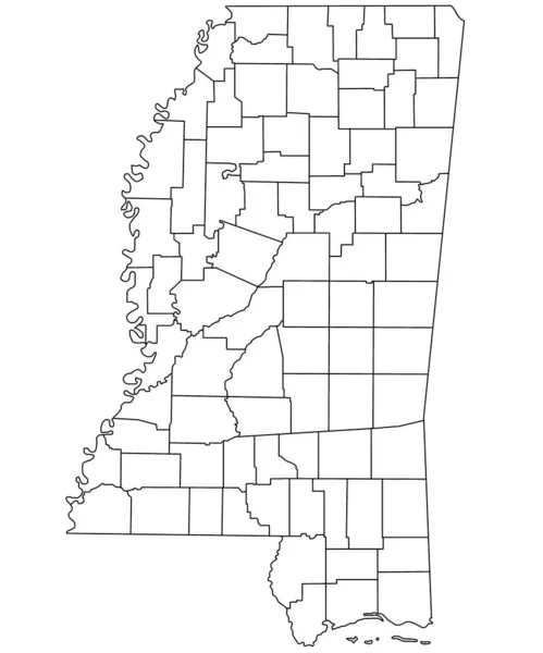勾画出密西西比州的地图 白底为白色 密西西比州行政地图 美利坚合众国 — 图库照片