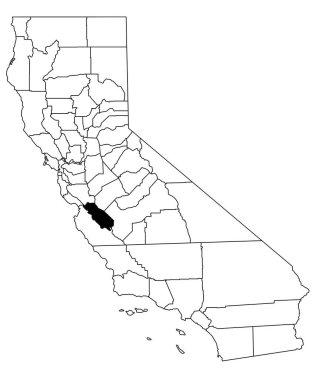 Kaliforniya 'daki San Benito ilçesinin haritası beyaz arka planda. California haritasında siyah renkle işaretlenmiş tek bir bölge haritası. Birleşik Devletler, ABD