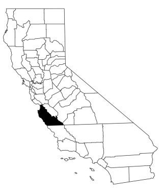 Kaliforniya 'daki Monterey County haritası beyaz arka planda. California haritasında siyah renkle işaretlenmiş tek bir bölge haritası. Birleşik Devletler, ABD