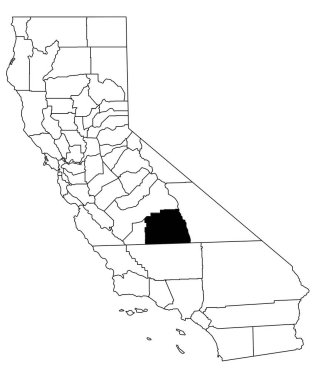 Kaliforniya 'daki Tulare County haritası beyaz arka planda. California haritasında siyah renkle işaretlenmiş tek bir bölge haritası. Birleşik Devletler, ABD