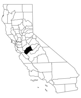 Kaliforniya eyaletindeki Merced County haritası beyaz arka planda. California haritasında siyah renkle işaretlenmiş tek bir bölge haritası. Birleşik Devletler, ABD