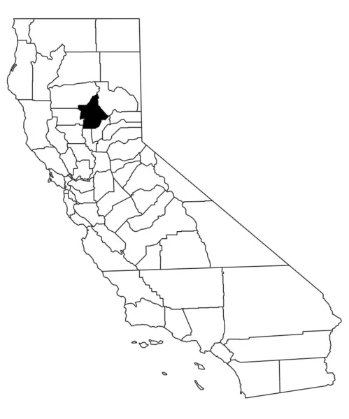 カリフォルニア州のバイト郡の白地図 カリフォルニア州マップの黒い色で強調された単一の郡地図 ユニットテスト アメリカ — ストック写真