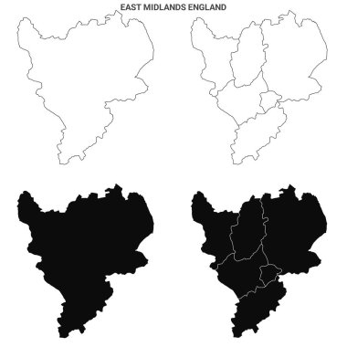 Doğu Midlands İngiltere Yönetim Haritası - boş ilçeler veya ilçeler ana hatları 