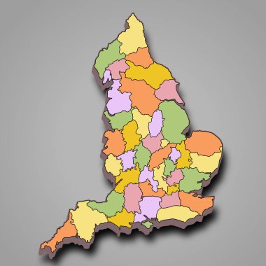 Merasim bölgelerinin sınırları ve renkleri farklı olan 3d İngiltere haritası. Birleşik Krallık, İngiltere, İngiltere 
