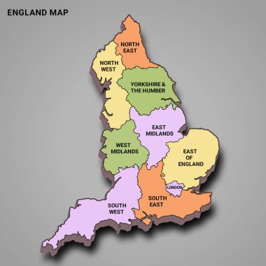  Bölgesi olan İngiltere haritası. İngiltere 'nin istatistikleri ve renkleri farklı İngiltere, Birleşik Krallık, İngiltere 