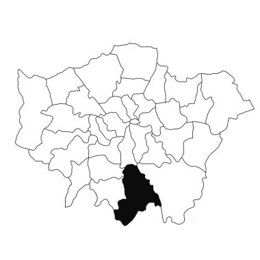 Büyük Londra 'daki Croydon haritası beyaz arka planda. Büyük Londra, İngiltere idari haritasında siyah renkle vurgulanmış tek bir ilçe haritası.