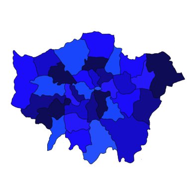 Büyük Londra 'nın mavi haritası, törensel ilçe ve ilçelerin sınırları ve farklı renkleri ile İngiltere' nin bir bölgesidir..