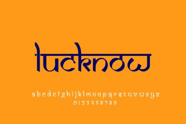 Indian City Lucknow metin tasarımı. Hint tarzı Latince yazı tipi tasarımı, Devanagari ilham kaynağı alfabe, harfler ve sayılar, illüstrasyon.