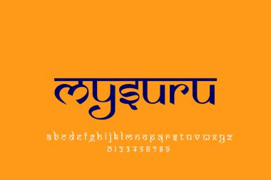 Indian City Mysore metin tasarımı. Hint tarzı Latince yazı tipi tasarımı, Devanagari ilham kaynağı alfabe, harfler ve sayılar, illüstrasyon.