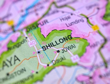 Shillong on a map of India with blur effect. clipart