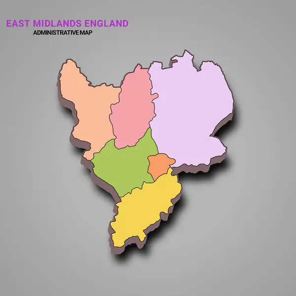 3D英格兰东米德兰高质量空白地图是英格兰的一个地区 与礼仪县接壤 颜色各异 — 图库照片