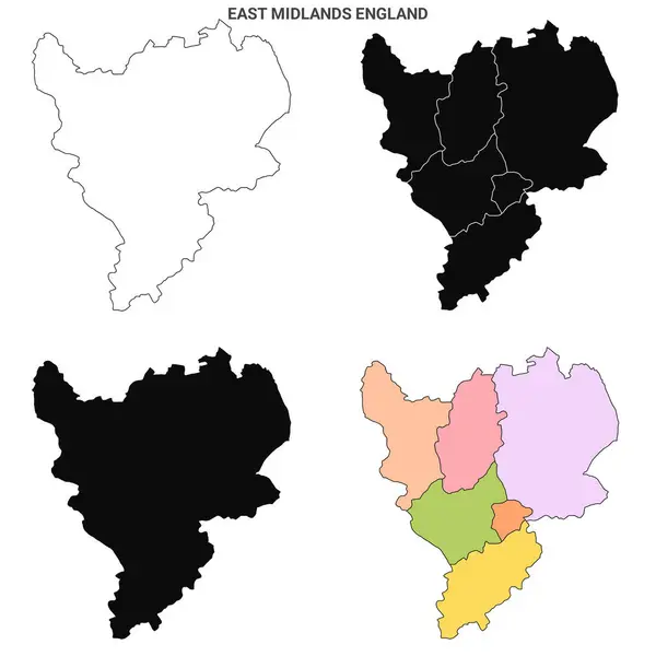 East Midlands Inglaterra Conjunto Mapas Administrativos Condados Blanco Boroughs Esquema —  Fotos de Stock
