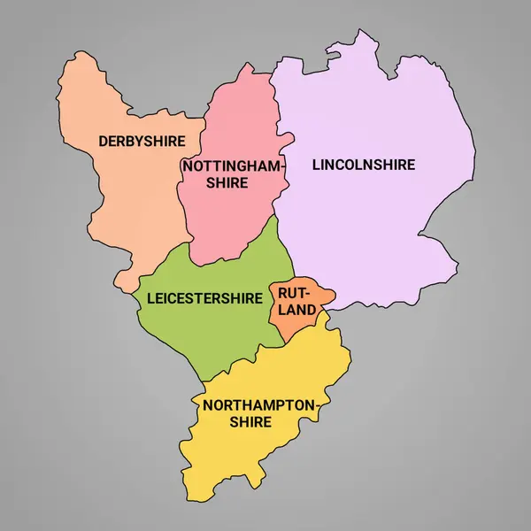 イースト ミッドランズ イングランドの高品質地図は イングランドの地域であり 儀式の郡と異なる色の境界線 — ストック写真