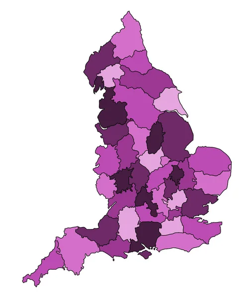 英格兰的紫色地图 与礼仪县的边界和不同的颜色 联合王国 联合王国 — 图库照片