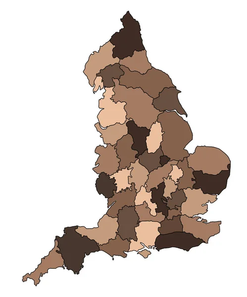 Коричнева Карта Англії Межами Церемоніальних Графств Різним Кольором Велика Британія — стокове фото