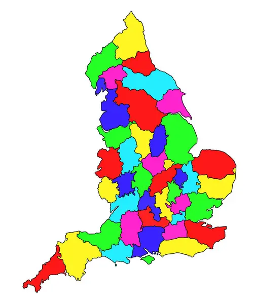 五彩斑斓的英格兰地图 其边界为礼仪郡 颜色各异 联合王国 联合王国 — 图库照片