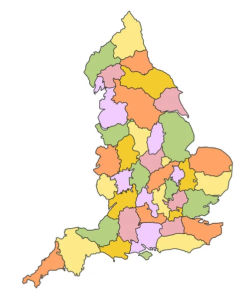 Mapa Anglii Granicami Hrabstw Ceremonialnych Różnym Kolorem Zjednoczone Królestwo Wielka — Zdjęcie stockowe