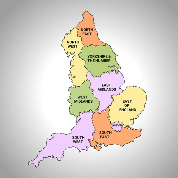 detailed England map with his regions, name of state with different colours