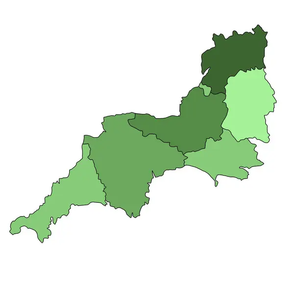 사우스 웨스트 잉글랜드의 녹색지도는 카운티와 색상의 경계와 영국의 지역입니다 — 스톡 사진