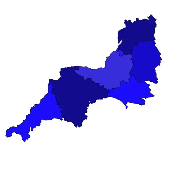 西南英格兰的蓝色地图是英格兰的一个地区 与礼仪县的边界和不同的颜色 — 图库照片