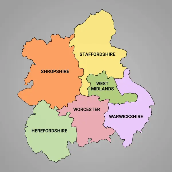 map of West Midlands England is a region of England, with borders of the ceremonial counties and different colour.