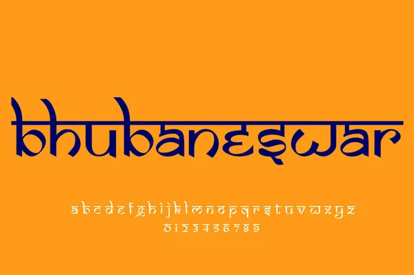 Indian City bhubaneswar text design. Indian style Latin font design, Devanagari inspired alphabet, letters and numbers, illustration.